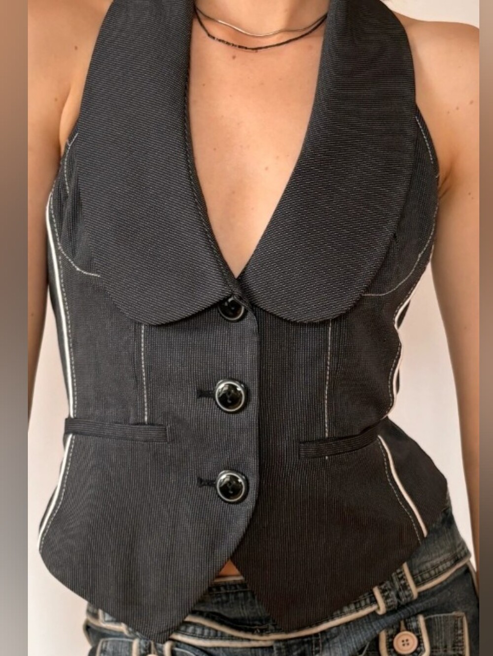 Black Pinstripe Halter Vest Top